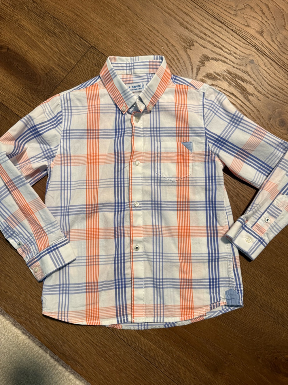 Mayoral White Button-Down Shirt with Blue & Orange Plaid